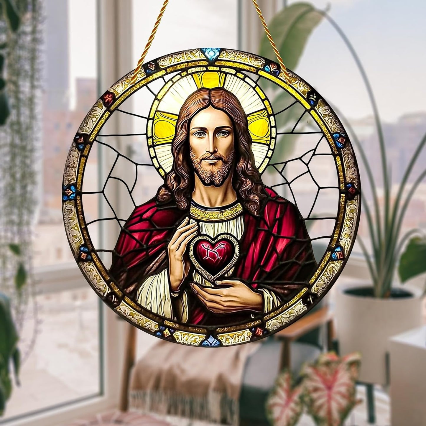 8x8 inch Charming Jesus Christ Acrylic Stained Glass Window Hanging Sun Catcher Decor Stained Panel Hangings Wall Art Decor, for Friends and Family (Jesus Christ)