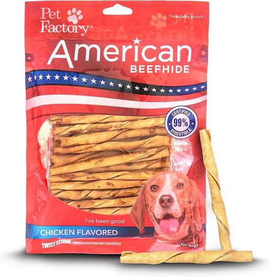 Pet Factory American Beefhide 5" Twist Sticks Dog Chew Treats - Chicken Flavor, 1 lb