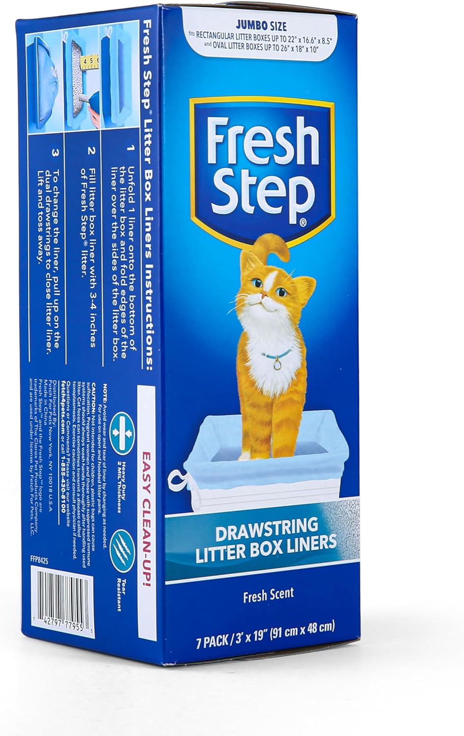 Fresh Step Drawstring Cat Litter Box Liners, Fresh Scent - Kitty Litter Bags for Rectangle or Oval Large Litterboxes, Size Jumbo, 36" x 19" - 7 Count