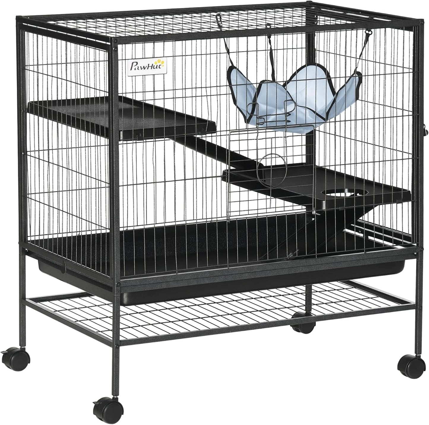 PawHut Small Animal Cage with Wheels, Pet Playpen for Rat, Syrian Hamster, Kitten, Ferrets, Chinchillas with Bottom Storage Shelf, Removable Tray, Ramp, 31.5" x 20.5" x 33.1"