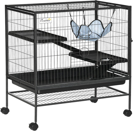 PawHut Small Animal Cage with Wheels, Pet Playpen for Rat, Syrian Hamster, Kitten, Ferrets, Chinchillas with Bottom Storage Shelf, Removable Tray, Ramp, 31.5" x 20.5" x 33.1"