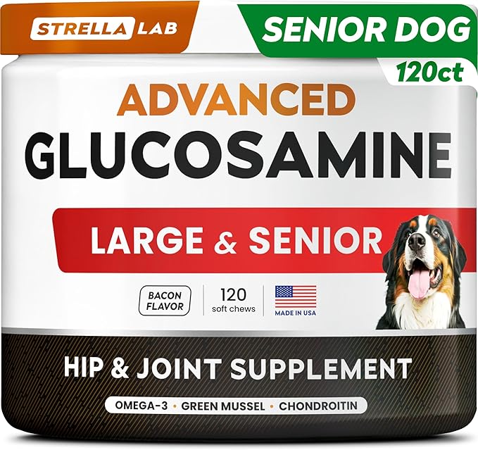 STRELLALAB Advanced Glucosamine Hip & Joint Supplement for Senior Dogs - Green Lipped Mussel & Collagen - Hip & Joint Pain Relief - Large & Small Breed - Joint Health - Bacon - 120 Chews