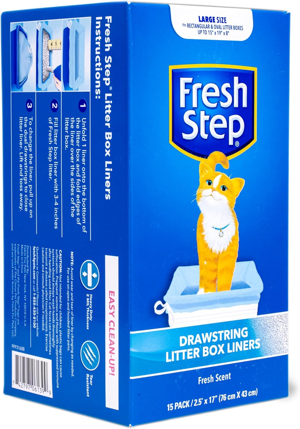 Fresh Step Drawstring Cat Litter Box Liners, Fresh Scent - Kitty Litter Bags for Rectangle or Oval Large Litterboxes, Size Large, 30" x 17" - 15 Count - 12 Pack