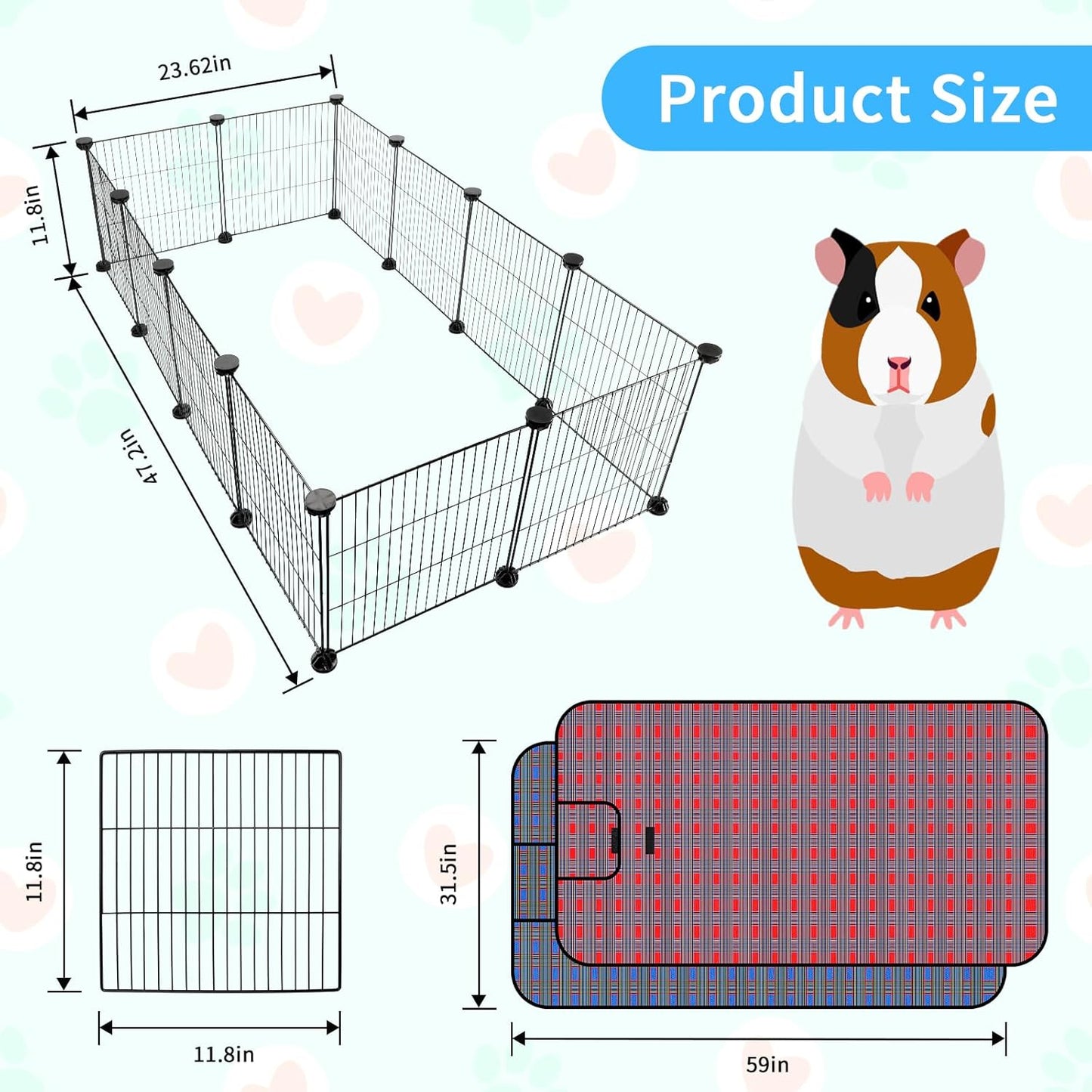 Pet Playpen with Mat, Small Animal Cage with Mat, Guinea Pig Cages, Puppy Pen for Indoors with Colorful Mat, 12 Panels Interior Metal Wire Yard Fence