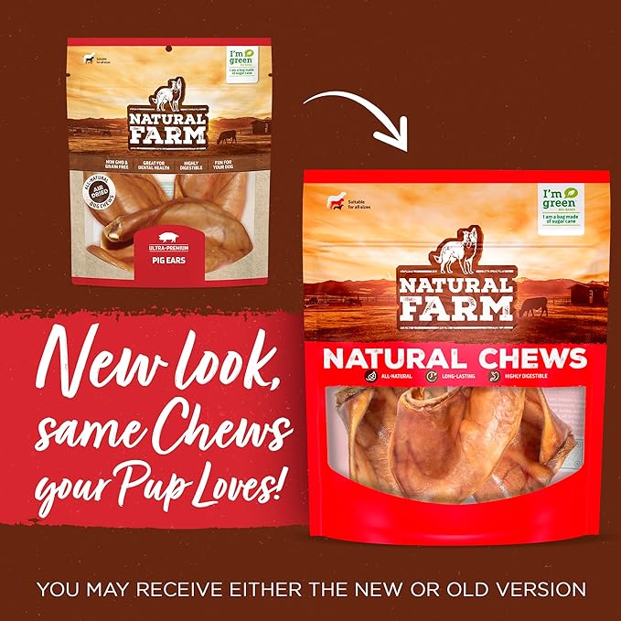 Natural Farm Half Pig Ears for Dogs (50-Pack), One Ingredient: Natural Pigs Ears, Air Dried, Long-Lasting & Highly Digestible Treats, Great for Puppy and Large/Medium Dogs