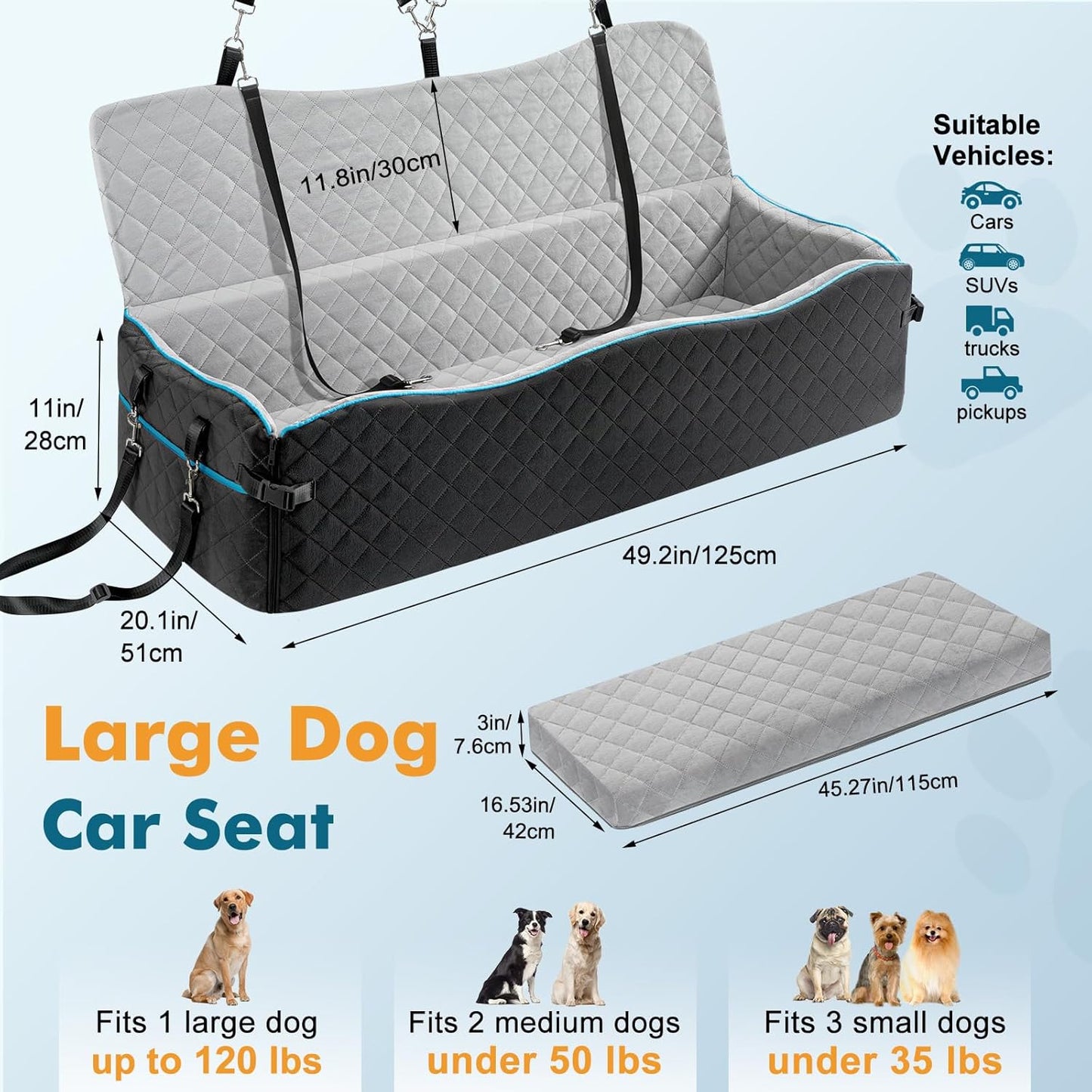 Large Dog Car Seat, Dog Car Bed for Large Dogs Under 120lbs, Pet Booster Seat with Thick Cushion and 2 Safety Leashes, Detachable & Washable Pet Bed for Backseat, Black & Gray