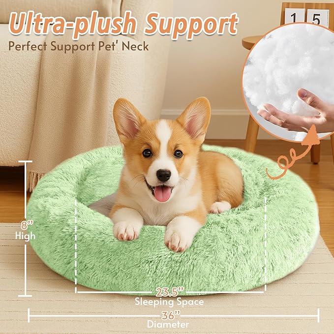JOLLYVOGUE Calming Dog & Cat Bed for Large Dogs, Anti-Anxiety Donut Cuddler Cozy Soft Round Bed with Anti-Slip Bottom, Fluffy Faux Fur Plush Cushion Beds for Medium Dogs (36")