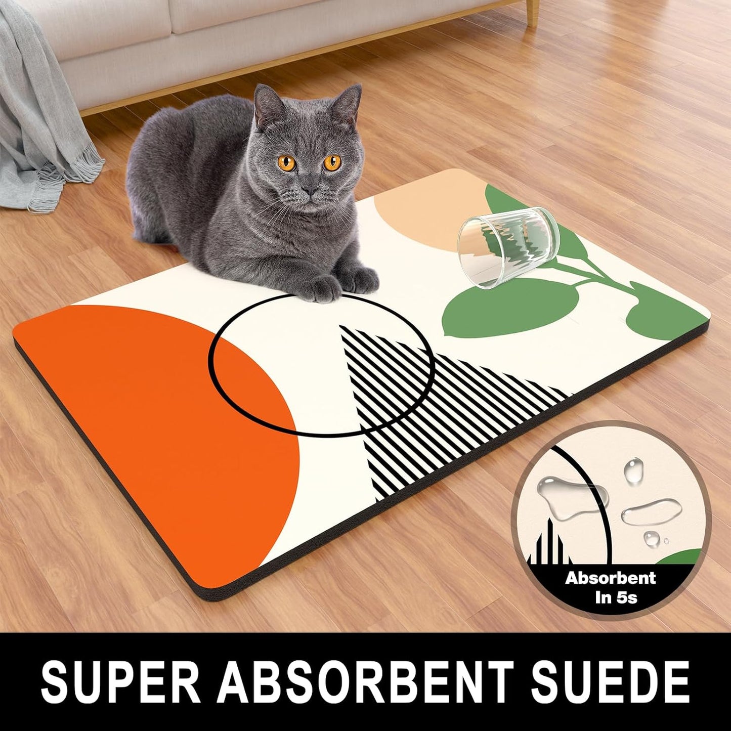 Dog Food Mat, 16" x 24" Absorbent Dog Cat Bowl Mat for Food and Water, Cute Anti-Slip Rubber Pet Feeding Rug Protect Floors, Placemat for Feeding & Watering Supplies, Modern Abstract Art
