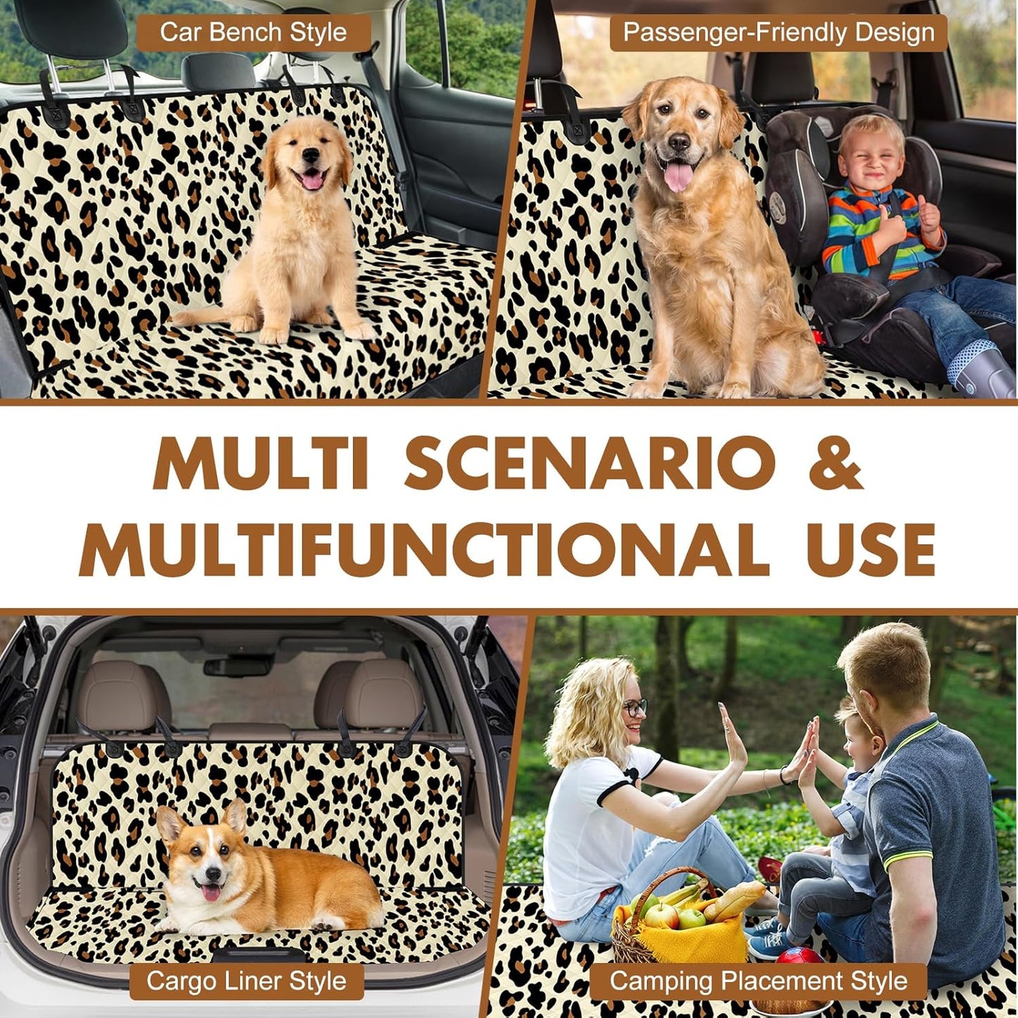 Backseat Cover for Dogs, Waterproof and Non-Slip Pet Bench Seat Covers, Car Seat Protector for Back Seat, Universal Size Rear Car Seat Cover Fits Cars, Trucks and SUVs, L-Leopard&Black