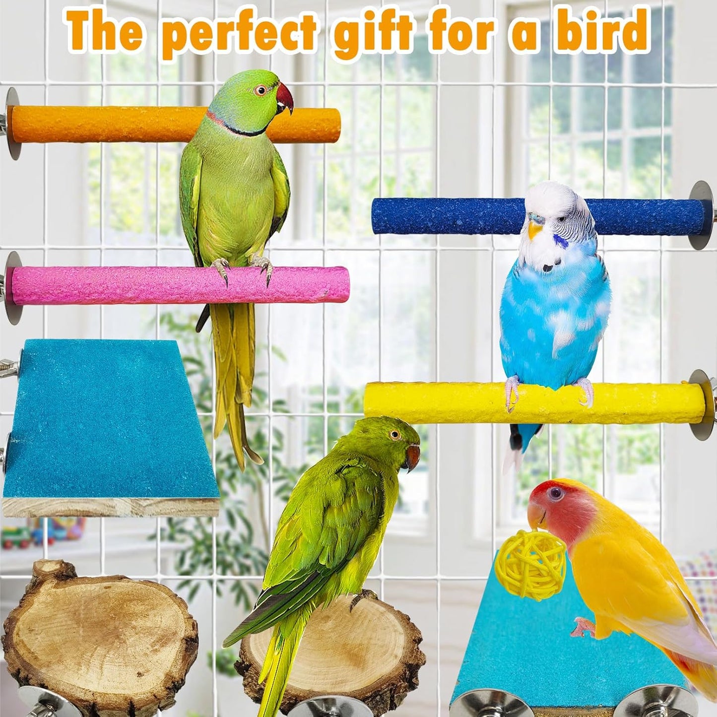 Hamiledyi Bird Perch Stand Wood Parrot Stand Platform Colorful Sand Paw Grinding Stick Rattan Wicker Balls Parakeet Chewing Toys for Cockatiel Conure Budgies Parakeet Lovebird（12Pcs）