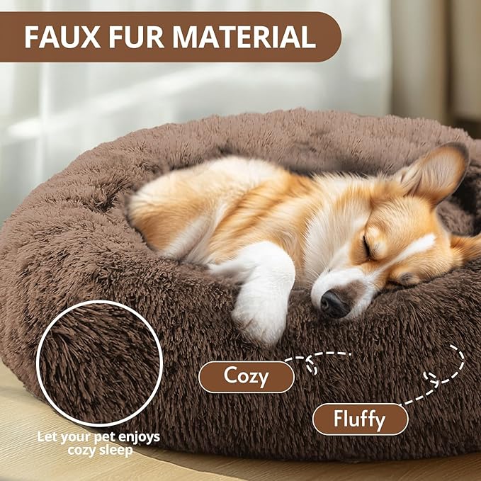 JOLLYVOGUE Calming Dog & Cat Bed for Small Dogs, Anti-Anxiety Donut Cuddler Cozy Soft Round Bed with Anti-Slip Bottom, Fluffy Faux Fur Plush Cushion Beds for Small Medium Dogs (20")