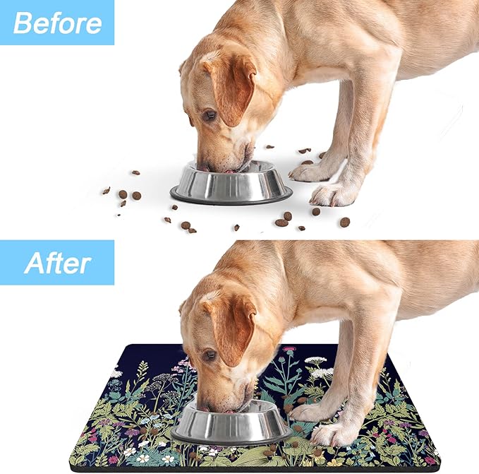 Rnivvi Dog Food Mat, 16" x 24" Flower Absorbent Dog Cat Bowl Mat for Food and Water, Cute Anti-Slip Rubber Pet Feeding Rug Protect Floors, Puppy Placemat for Feeding & Watering Supplies,Black Floral