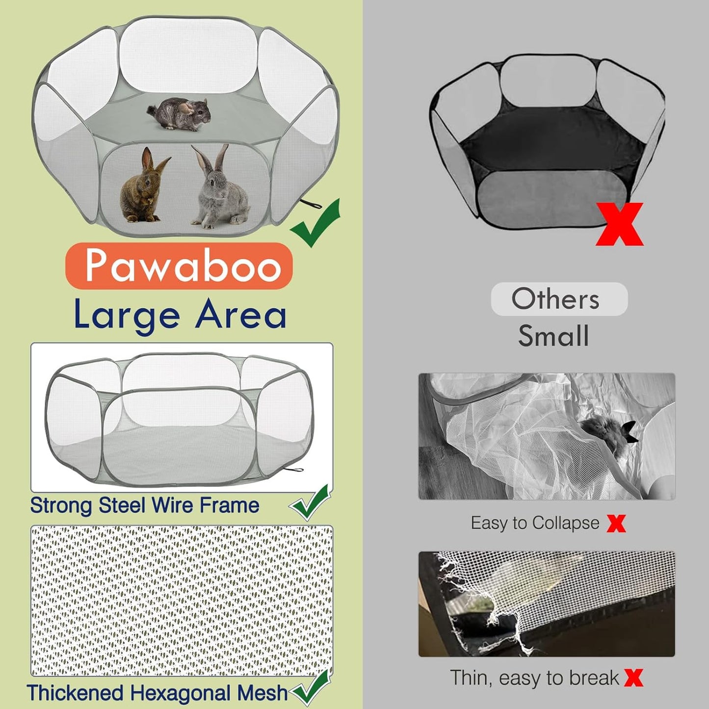 Pawaboo Small Animals Playpen, Waterproof Small Pet Cage Tent with Strong Steel Wire Frame, Portable Outdoor Yard Fence for Chick/Kitten/Puppy/Guinea Pig/Rabbits/Hamster/Chinchillas, Gray