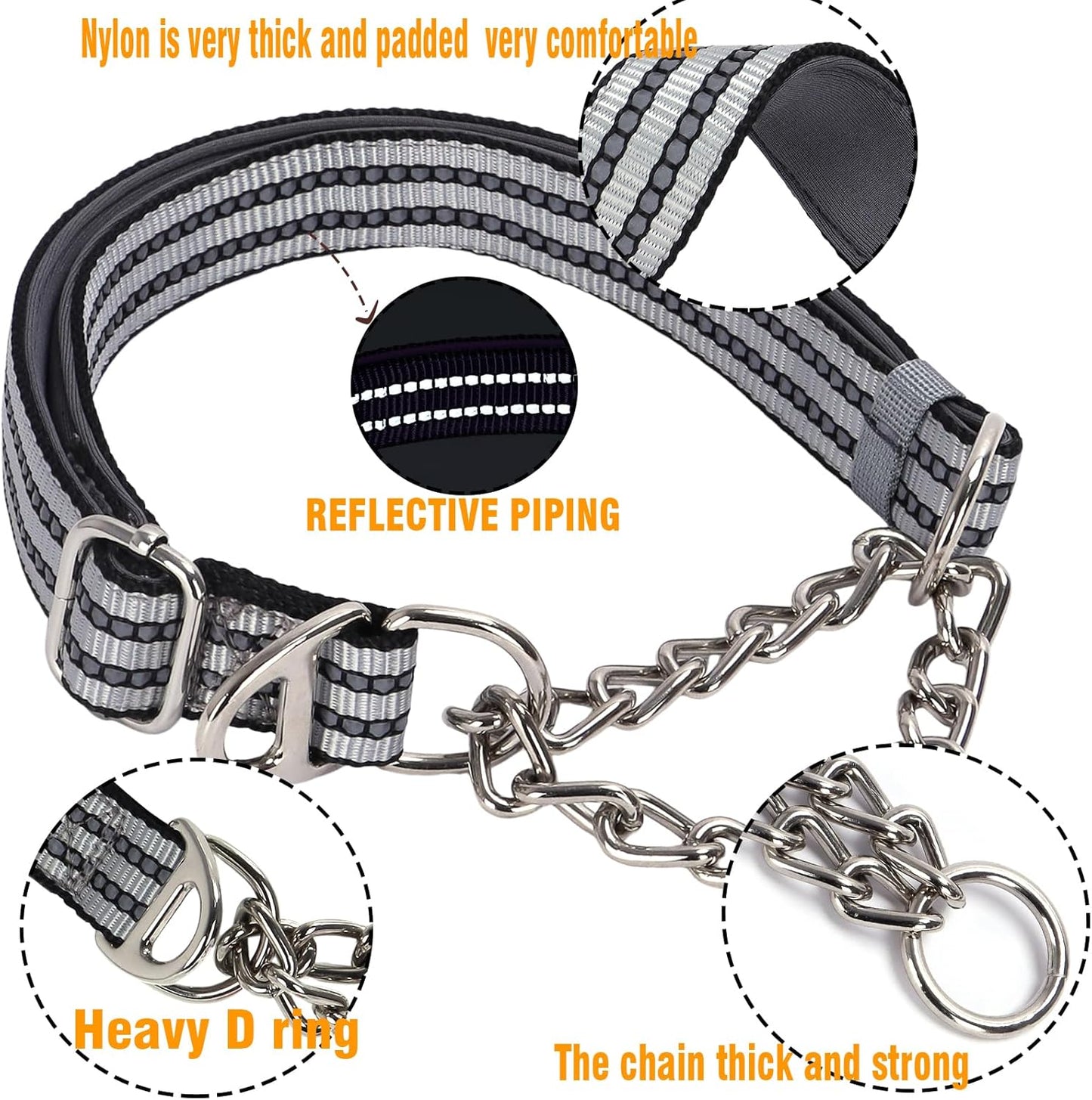 Martingale Collar with Steel Chain,Reflective Nylon Dog Collar with Soft Padded Adjustable Training No Slip Dog Collars (Large, Silver)