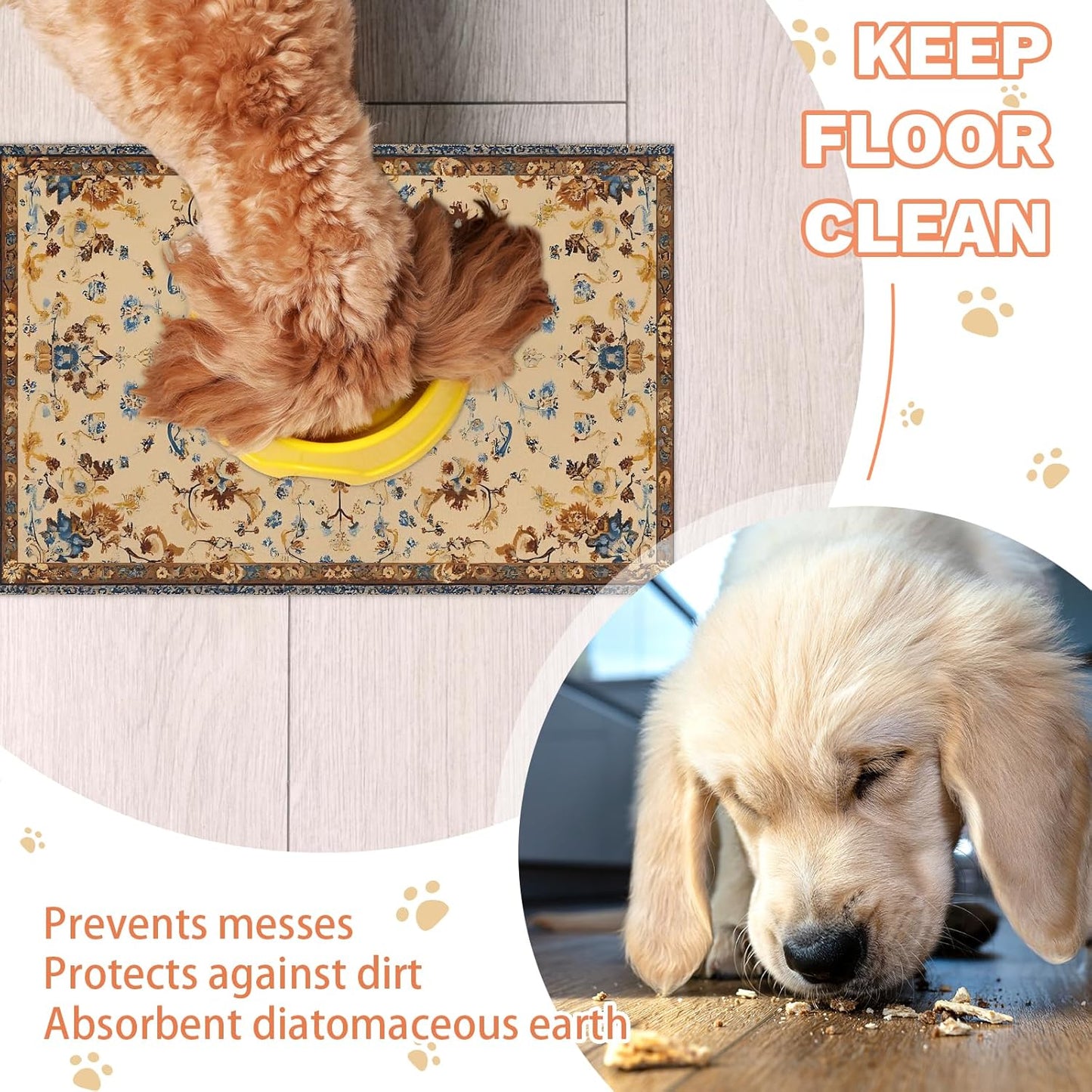 Pet Dog Cat Food Mat, Retro Pattern Pet Feeding Pad, 12 * 20 Inch Absorbent Dog Food Mat, Cat Dish Mat for Food and Water, Suitable for Dog Cat or Other Pets