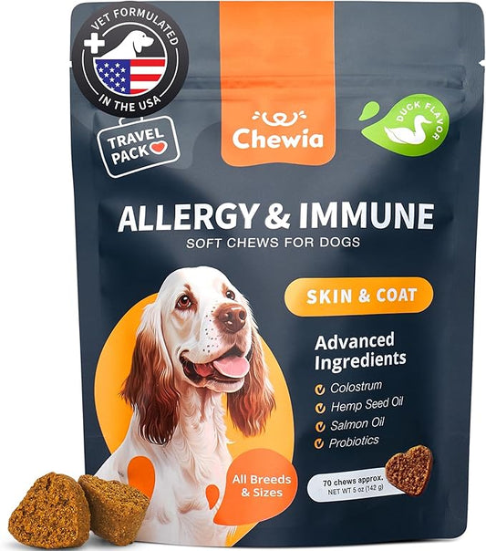 Dog Allergy Relief Chews - Itching Skin Relief Treats - Immune Health, Seasonal Allergies, Hot Spots Support Soft Chewables - Itch Relief for Dogs with Salmon Oil - Skin and Coat Supplement