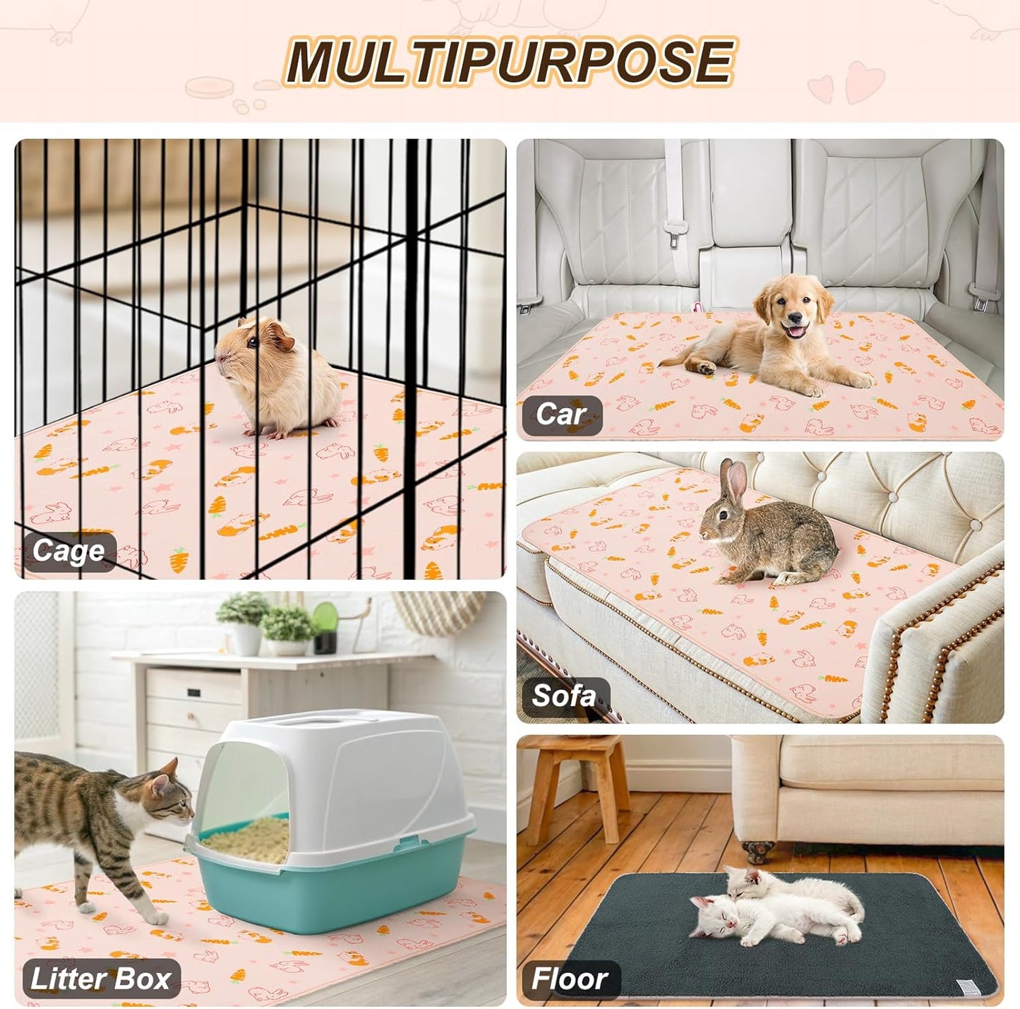 BEAUTYZOO 2 Pack Guinea Pig Cage Liners, Washable Reversible Fleece Guinea Pig Bedding, Waterproof Super Absorbent Pee Pads for Small Animals Rabbit Hamster Bunny - 24"x47" Pink