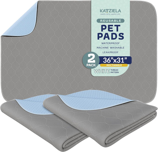 Katziela Washable Pet Pads (2 Pack 36in x 31in)Super Absorbent Waterproof Reusable Dog Pee Pads for Dogs Washable Puppy Pads for Potty Training Housebreaking Washable Pee Pads for Dogs White Stitching