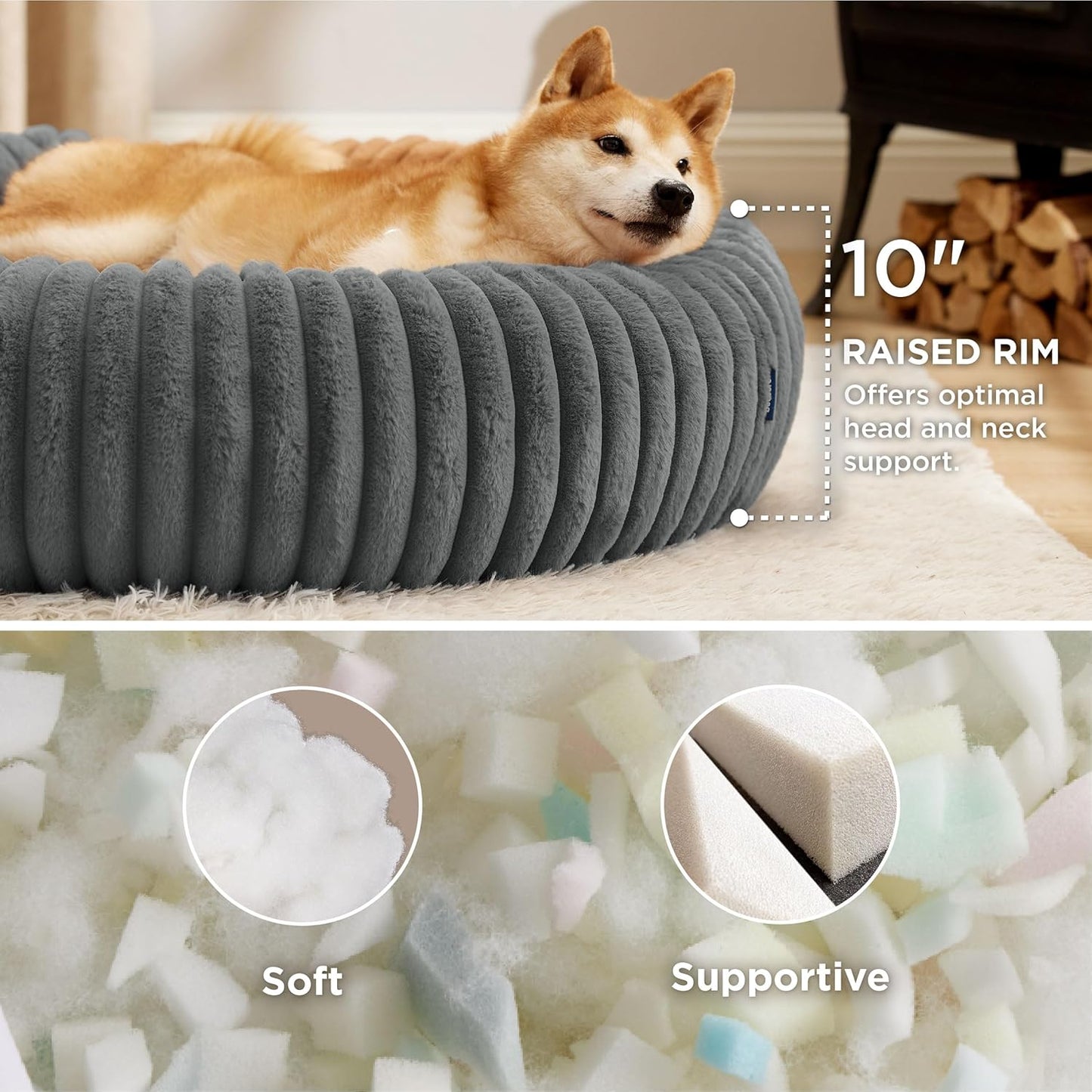 Bedsure Donut Large Dog Bed - Washable Faux Fur with Corduroy Fleece & Anti Slip Bottom, Round Pet Bed with Removable Cover, Warm Grey, 36x36x10 inches