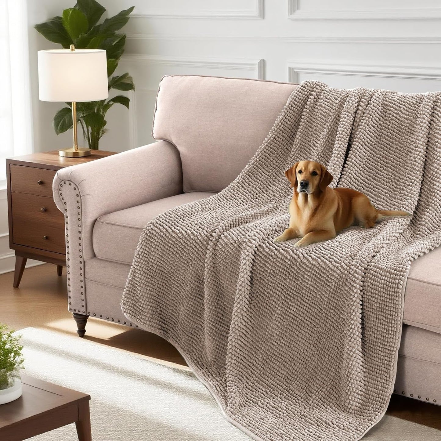 H.VERSAILTEX Plush Chenille Couch Cover for Dogs Pets Blanket for Bed Anti-Slip Soft and Durable Furniture Protector for Small Medium Large Cats Washable (52" x 82", Cuban Sand)