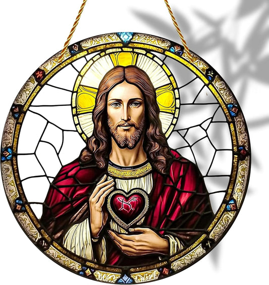 8x8 inch Charming Jesus Christ Acrylic Stained Glass Window Hanging Sun Catcher Decor Stained Panel Hangings Wall Art Decor, for Friends and Family (Jesus Christ)