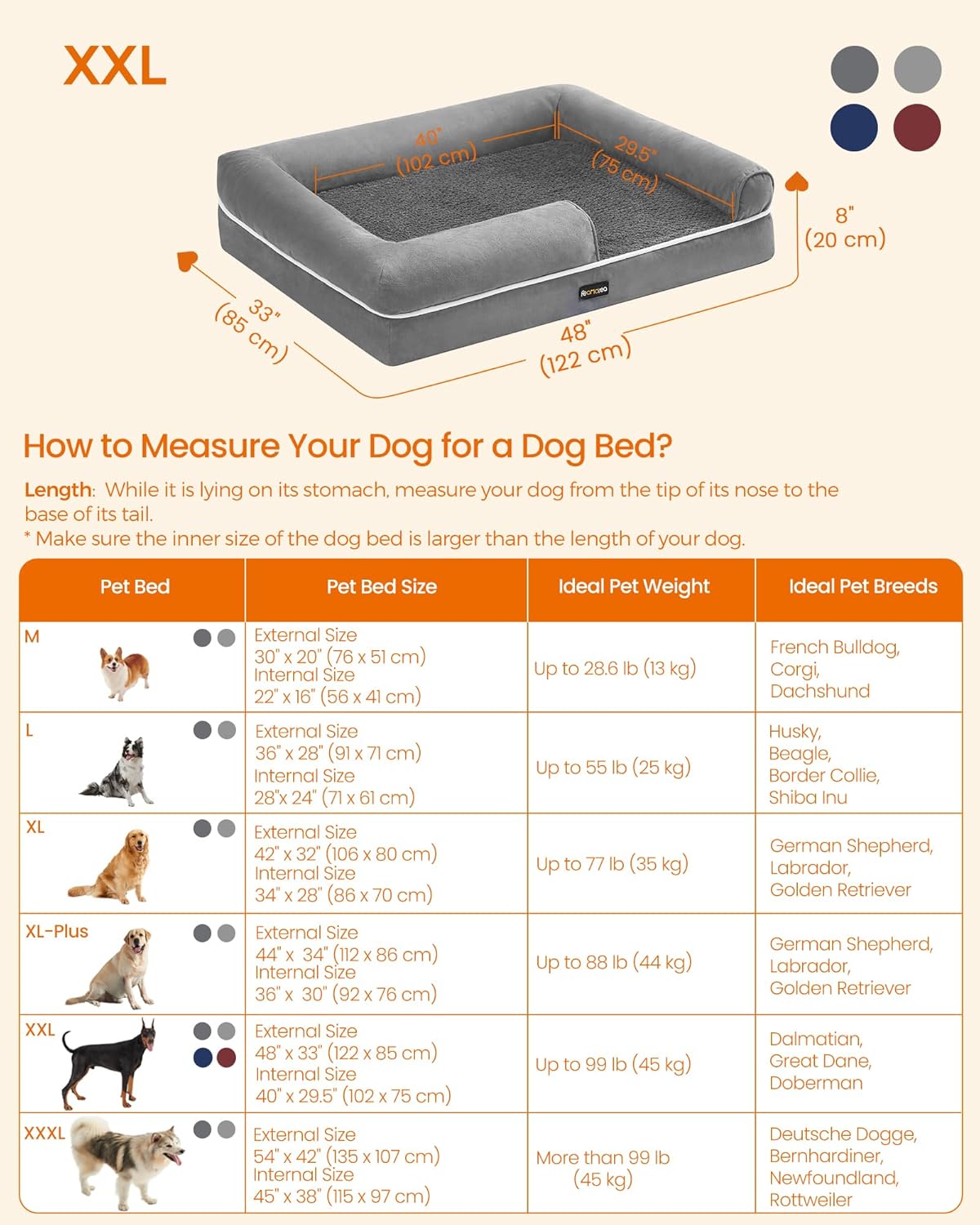Feandrea Orthopedic Dog Bed, Large Dog Bed Waterproof, Removable Washable Cover Sofa with Non-Slip Bottom, Raised Edges, 48 x 33 x 8 Inches, Light Gray UPGW078G02V1