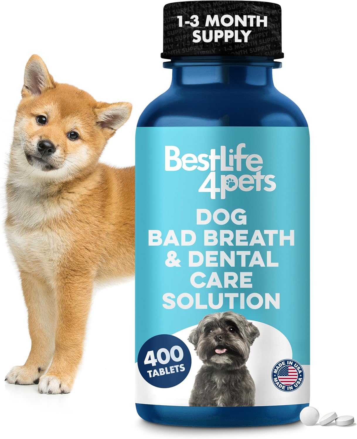 Dog Bad Breath & Dental Care Solution, Supports Canine Oral Health, Relieves Stinky Breath, Tooth Pain, Red Swollen Gums, Helps Reduce Plaque and Gingivitis, 400 Odorless, Tasteless Easy to Use Pills