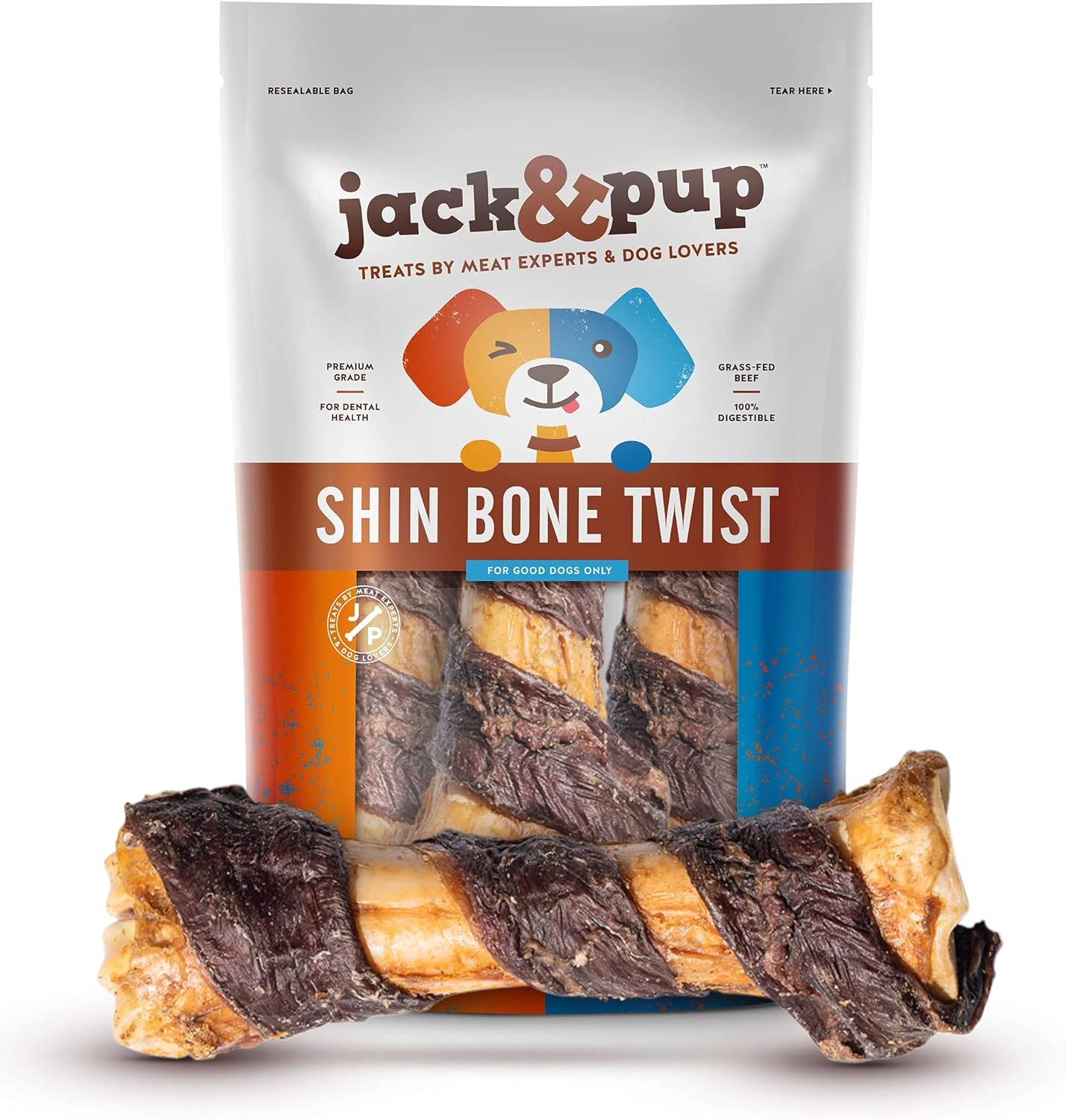 Jack&Pup 8-11” Twist Shin Bones, Roasted Meaty Beef Bone for Dogs – Long Lasting Natural Dog Bones, Big Dog Bone for Large Dogs (3 Pack)