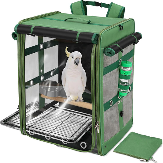 Suertree Bird Carrier Travel Cage, Cockatoo Carrier, Parrot Travel Backpack with Unbreakable Stainless Steel Mesh, Perch, Water Bottle and Food Bowl, X-Large Green