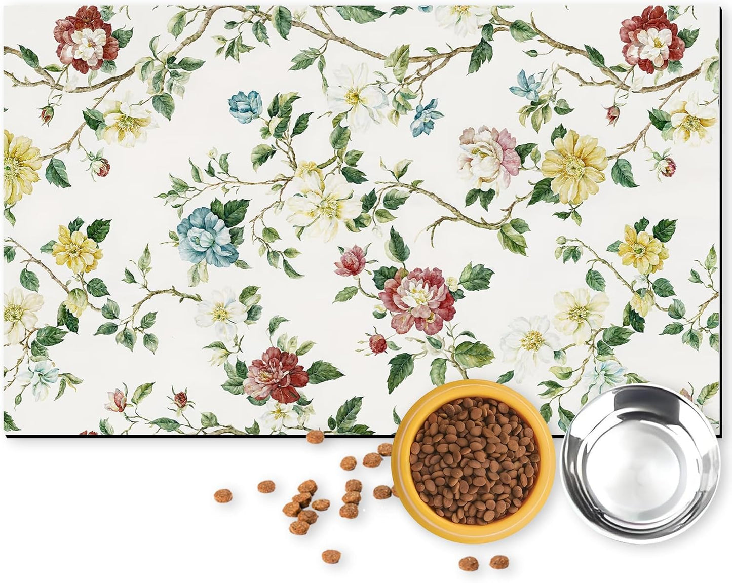 Pet Feeding Mat for Dogs and Cats - Super Absorbent Anti-Slip Bowl Pad, Eco-Friendly Washable Mat to Prevent Spills and Mess Floral Mat 16"x24"