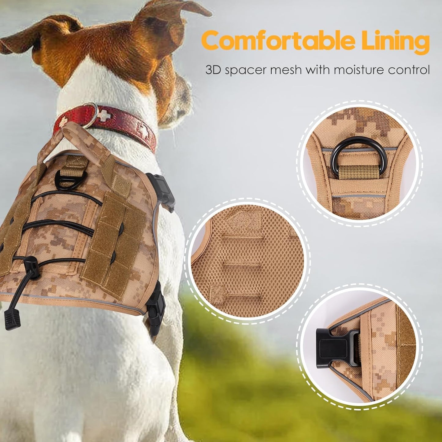 Heavy-Duty Tactical Dog Harness for Large Dogs, No Pull Adjustable Reflective Pet Vest with Molle System, K9 Military-Grade Control for Service Training, Outdoor & 10+ Breeds, Khaki Camo, Medium