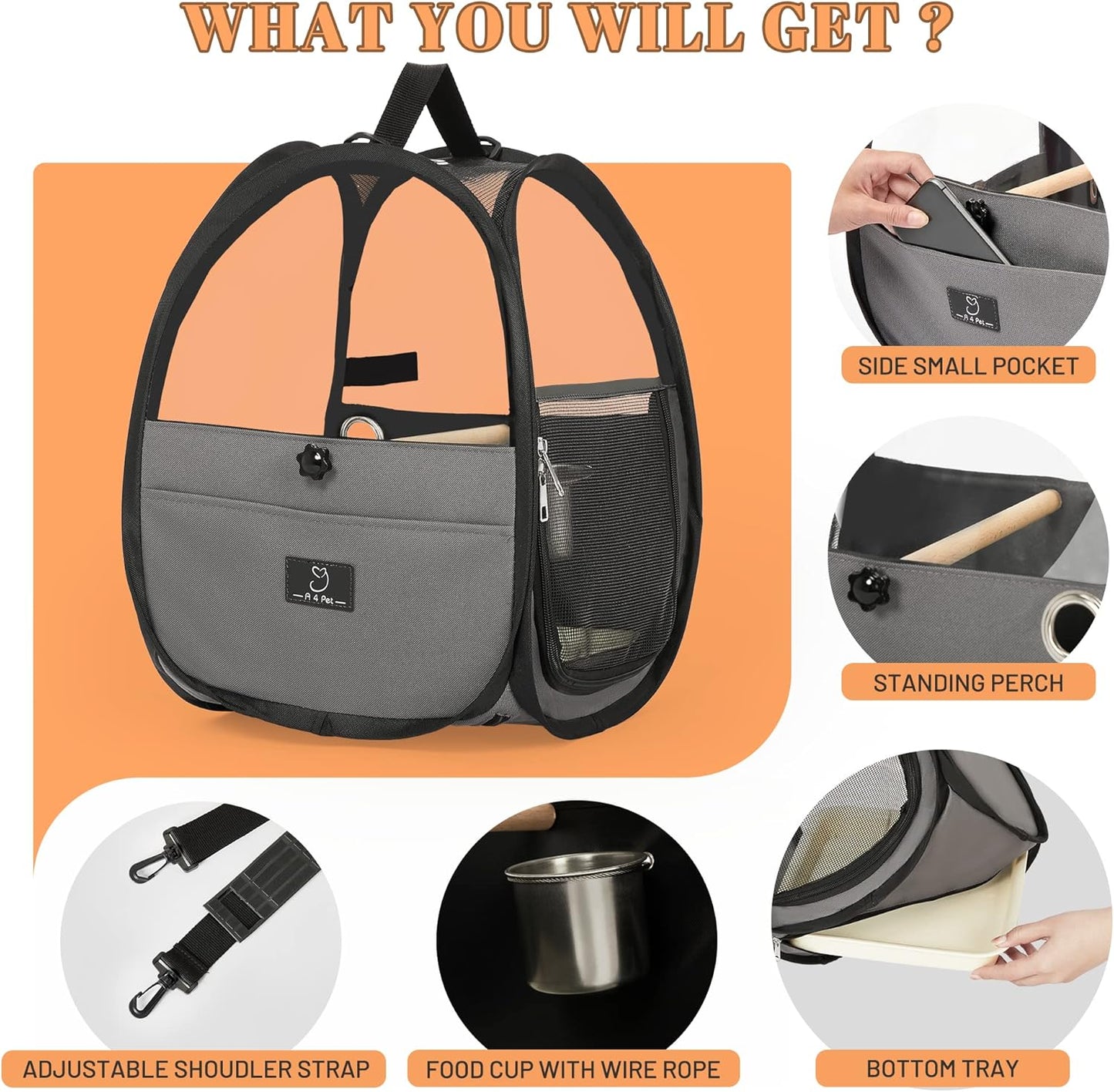 A4Pet Bird Carrier for Travel - Small Bird Travel Cage, Bird Bag with Stand, Tray and Feeding Cup, Portable and Lightweight for Small Animal Carrier