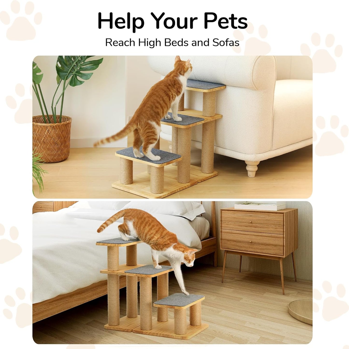 FUKUMARU Dog Stairs, Solid Wood Pet Stairs with Cat Scratching Post, Transformable Cat Ramp Can Hold Up to 200 lbs, 20 Inch Pet Steps for Dogs and Cats to Climb High Bed and Couch, Over 6 Combinations