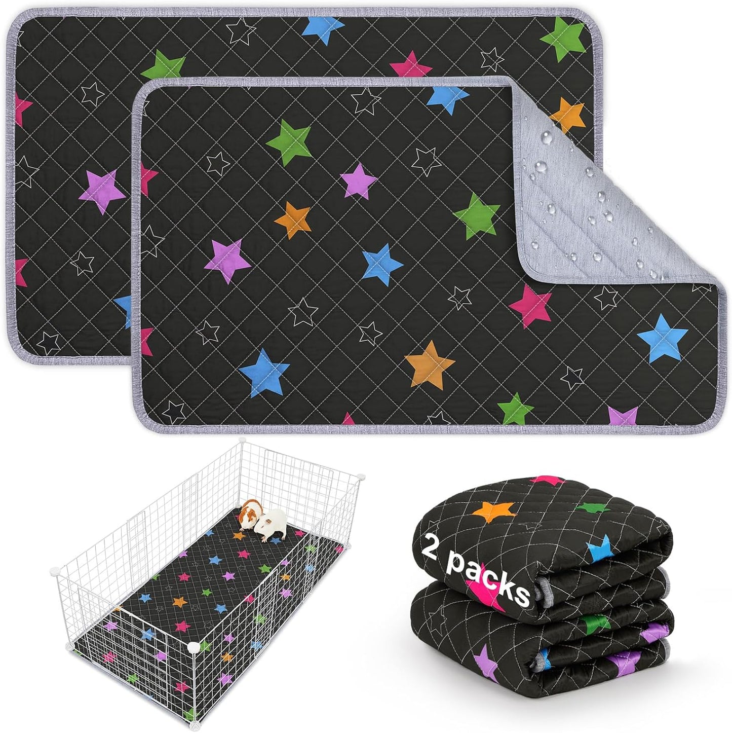 Bienbee Guinea Pig Bedding, 2 Pack 29" x 16" Reusable Guinea Pig Cage Liner Waterproof and Absorbent Small Animal Bedding Washable Guinea Pig Pee Pads for Small Pet Hamster Rabbit Squirrel,Black