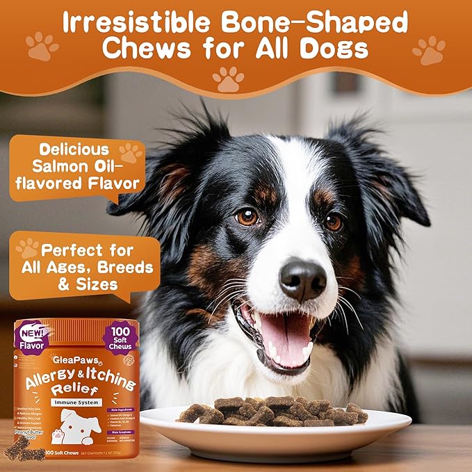 Dog Allergy & Itch Relief Supplement - Salmon Oil Omega-3, Omega-6, Vitamin B1/B2/B6, Colostrum Probiotics for Seasonal Allergy, Hot Spots, Paw Licking, 100 Chews, Peanut Butter+Salmon Oil