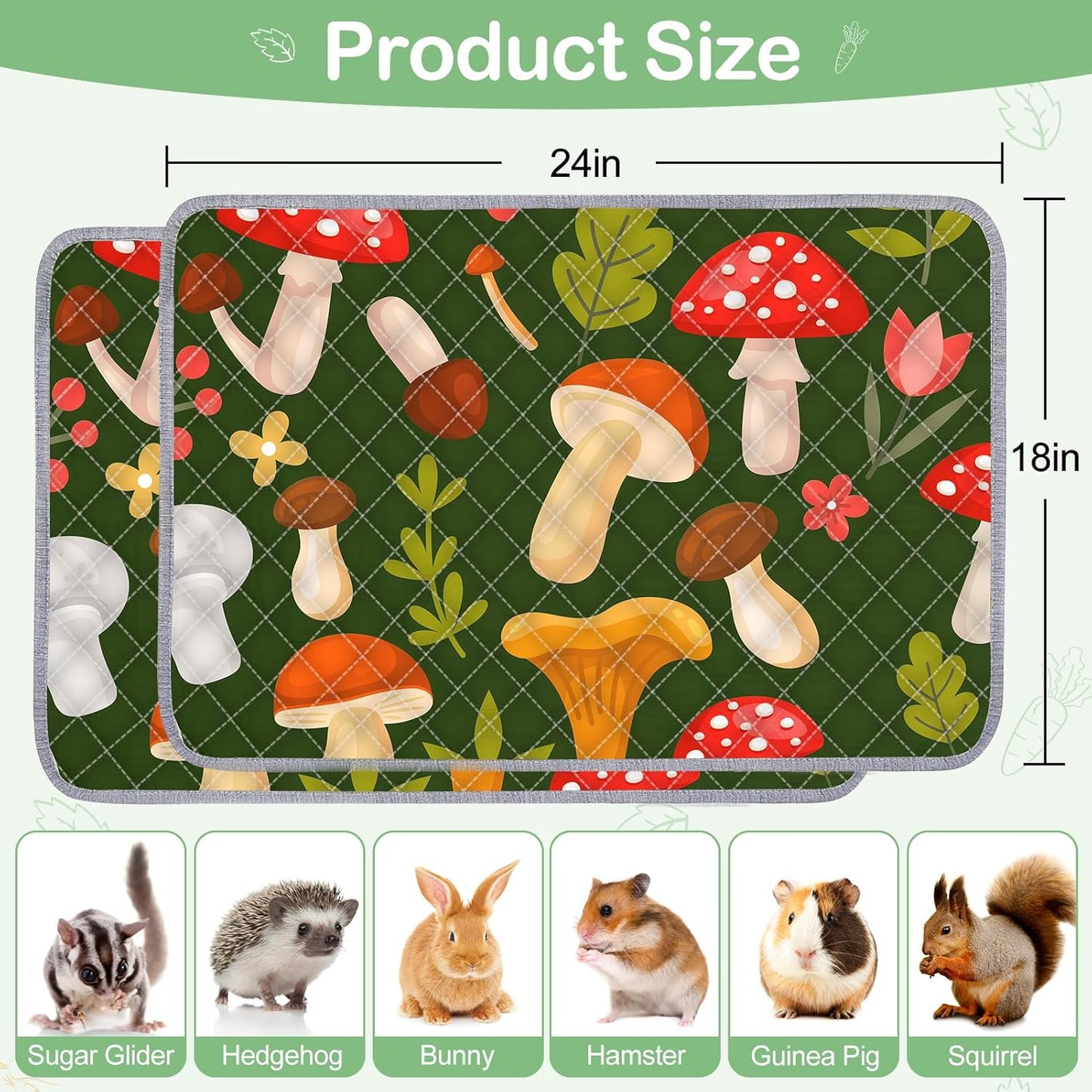 Bienbee Guinea Pig Bedding, 2 Pack 24" x 18" Reusable Guinea Pig Cage Liner Waterproof and Absorbent Small Animal Bedding Washable Guinea Pig Pee Pads for Small Pet Hamster Rabbit Squirrel, Mushroom