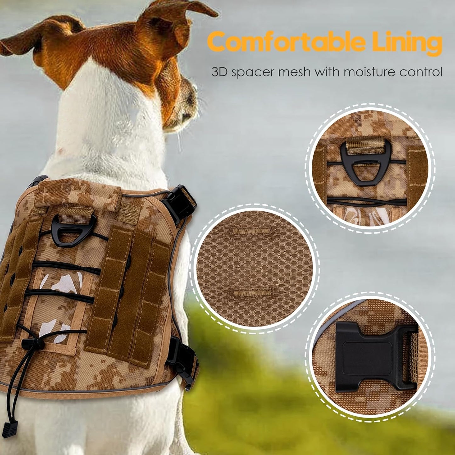 Heavy-Duty Tactical Dog Harness for Large Dogs, No Pull Adjustable Reflective Pet Vest with Molle System, K9 Military-Grade Control for Service Training, Outdoor & 10+ Breeds, Khaki Camo, XX-Large