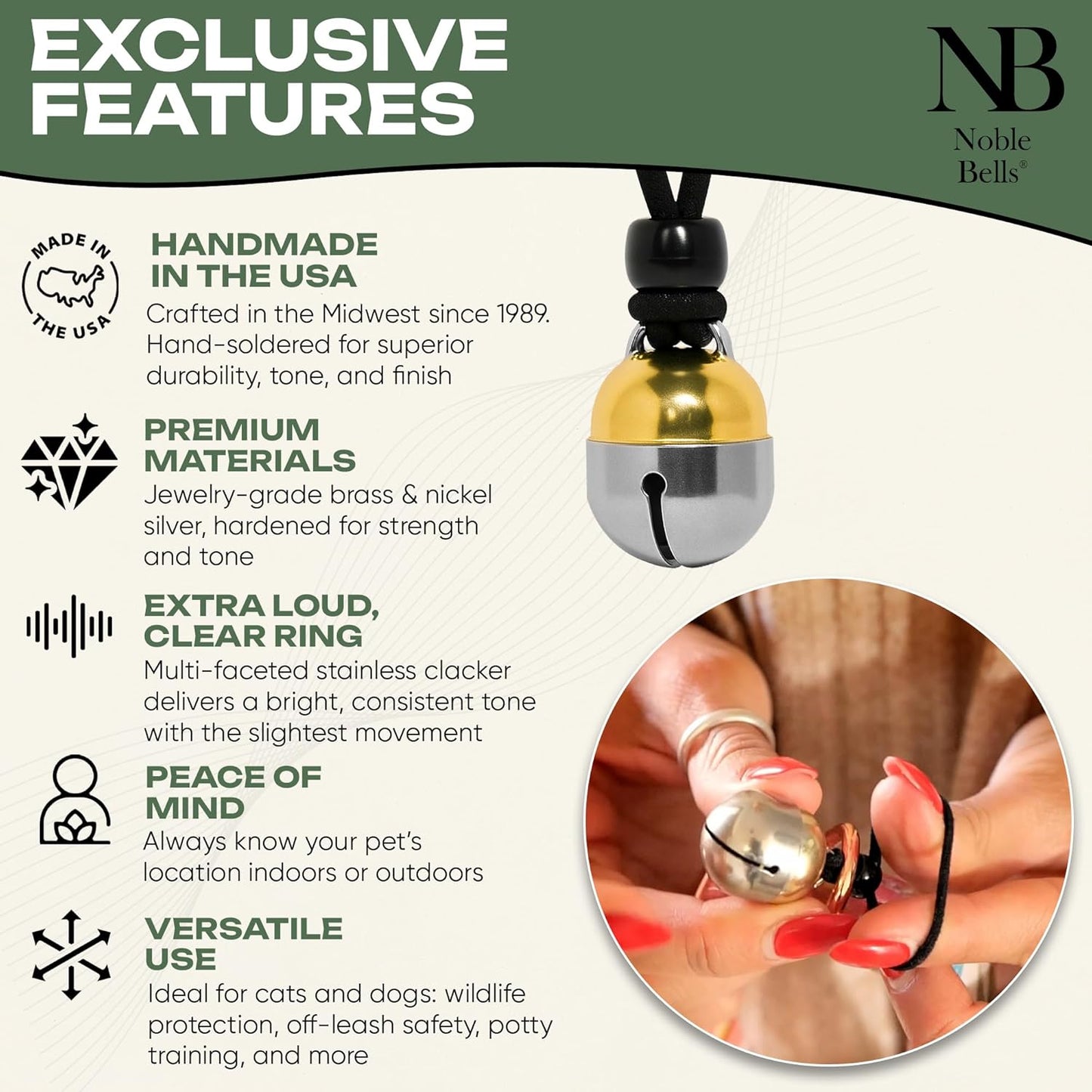 Noble Bells - Handmade in USA, Extra Loud Collar Bell for Cats and Dogs, Premium Brass and Nickel Silver