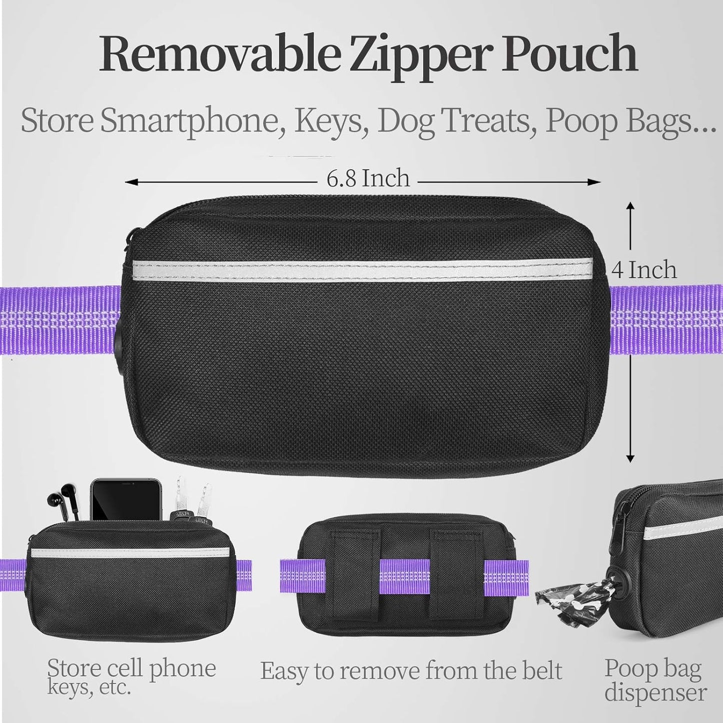 iYoShop Hands Free Dog Leash with Zipper Pouch, Dual Padded Handles and Durable Bungee for Walking, Jogging and Running Your Dog (Large, 25-120 lbs, Purple)