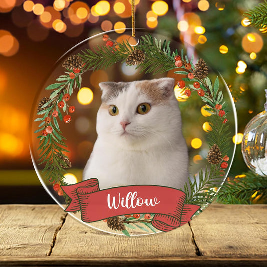 FLOCHIL Personalized Cat Christmas Ornaments Custom Photo Name for Christmas Trees, Cat First Christmas Ornaments, Gifts for Pet Lovers Acrylic Ornament