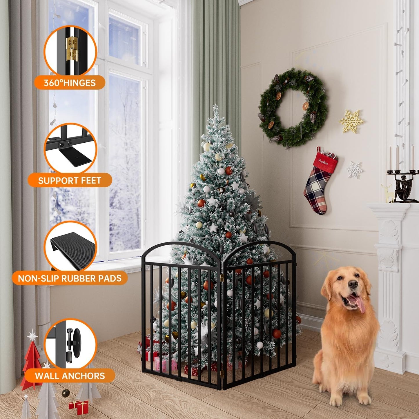 2 Panles Full Matel Freestanding Dog Gates with Door, 48"Extra Wide 32"Tall Free Standing Dog Pet Gate for Indoor & Outdoor. Foldable Pet Fences for Doorways, House, Stairs, Porch, Deck, Yard