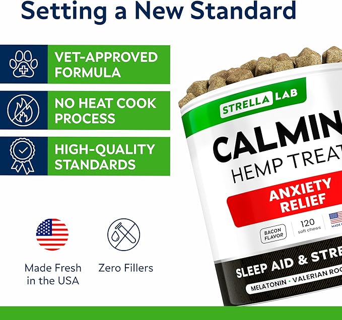 STRELLALAB Vet Formulated Hemp Calming Chews for Dogs - Anxiety Relief Calming Treats - Advanced Melatonin Pet Calm - Natural Sleep Aid & Stress, Separation Anxiety Relief - 120 Treats - Bacon