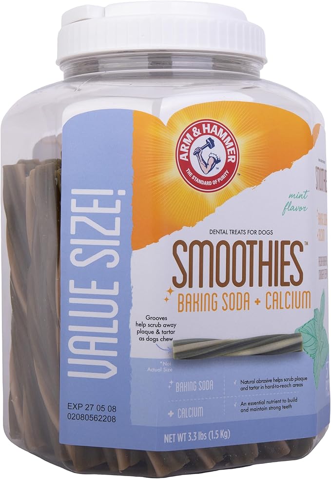 Arm & Hammer for Pets Smoothies Dental Treats for Dogs with Baking Soda and Calcium, Treat Chews Help Fight Bad Breath, Plaque & Tartar without Brushing, Mint, 57 Pcs (Packaging may vary)