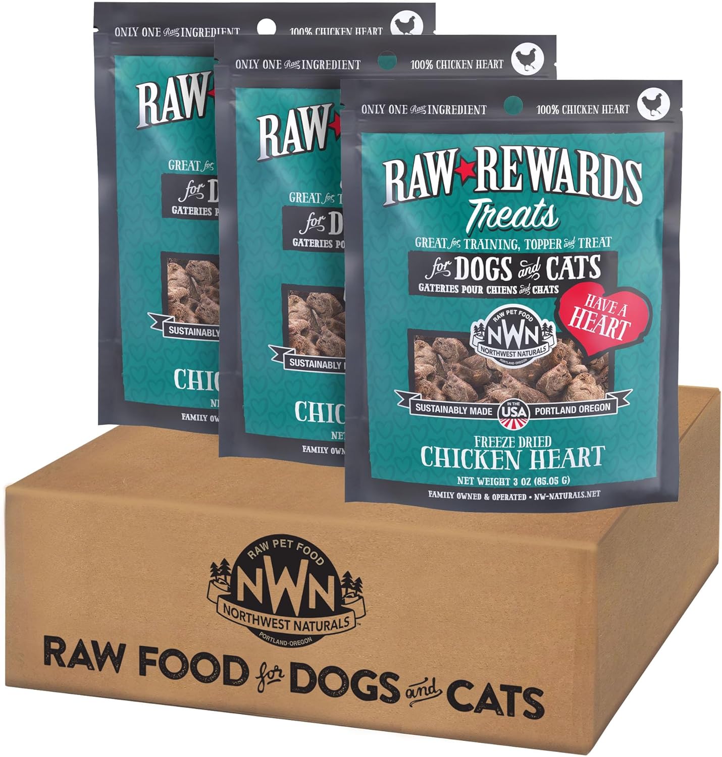 Northwest Naturals Raw Rewards Freeze-Dried Chicken Heart Treats for Dogs and Cats - Bite-Sized Pieces - Healthy, 1 Ingredient, Human Grade Ingredients, Natural, Proudly Made in USA, 3 Oz (Pack of 3)
