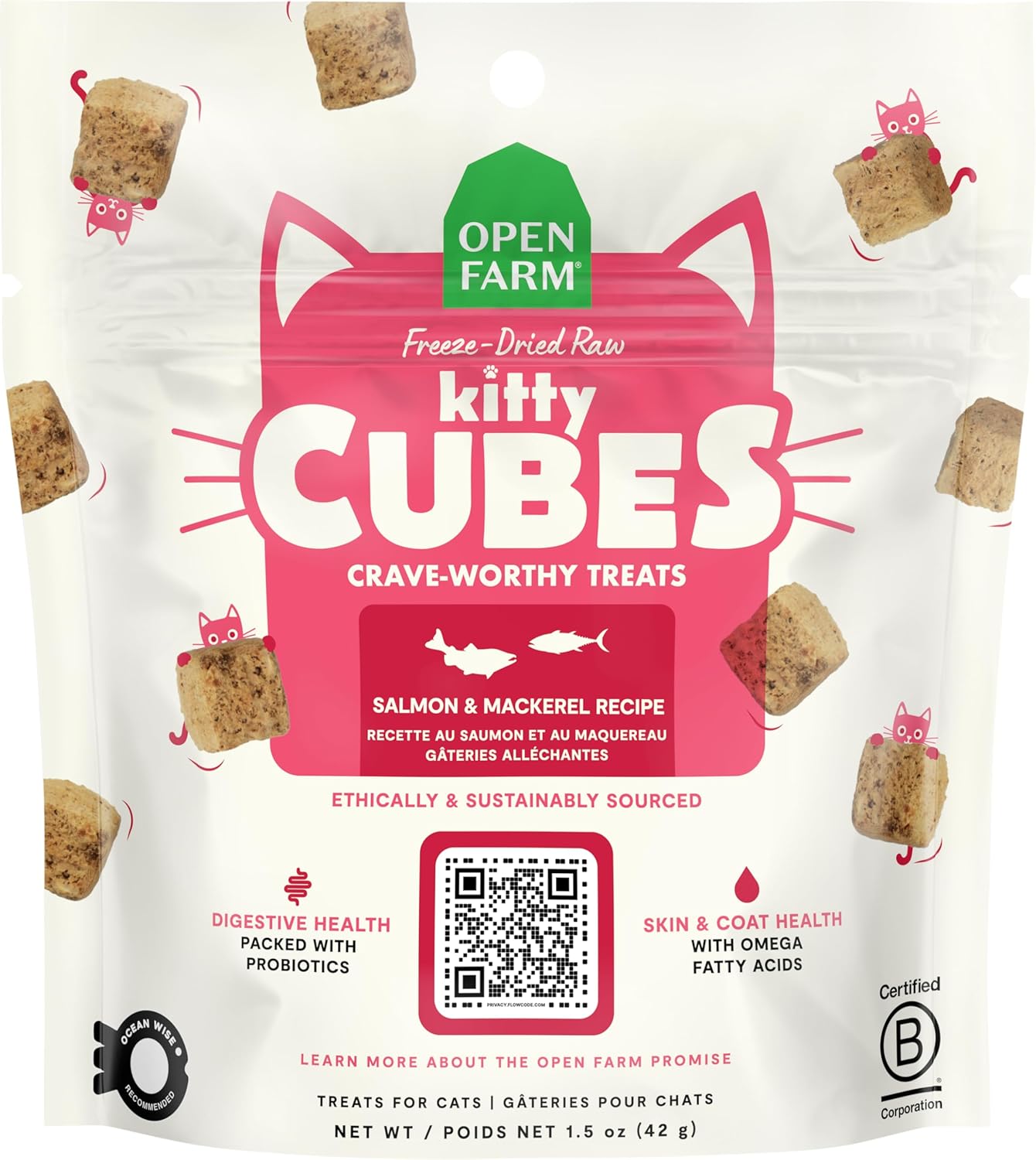 Open Farm, Kitty Cubes, Freeze Dried Raw Cat Treats, Grain-Free, High-Protein Cat Treat with Probiotics, Omega Fatty Acids & Superfoods, Salmon & Mackerel Recipe, 1.5oz Bag