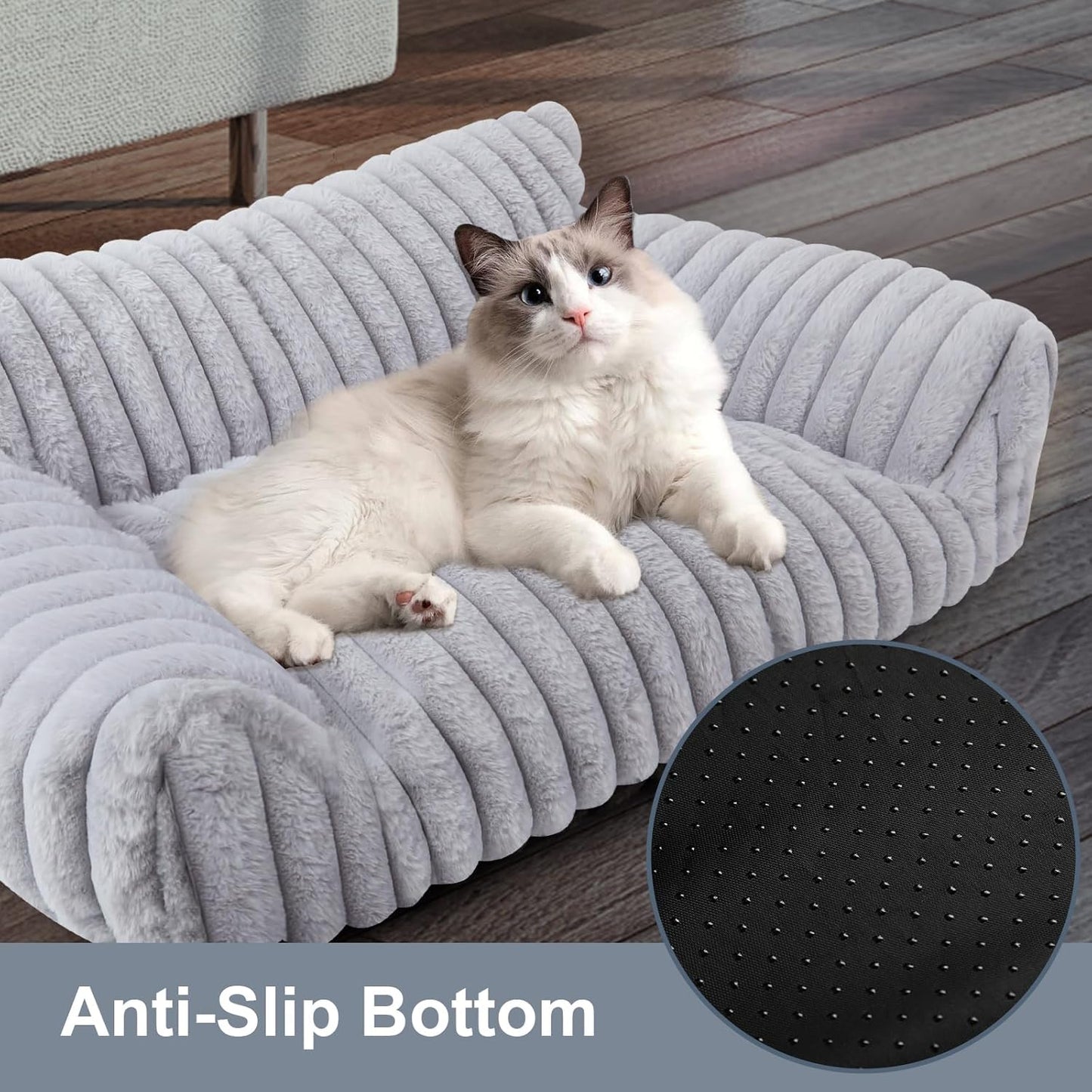 Cute Cat Couch Bed for Indoor Cats, Fluffy Pet Cat Sofa with Premium Soft Corduroy Fleece, Cute Small Dog Beds for Small Dogs, Fuzzy Puppy Chair with Removable Washable Cover (24x18x10,Grey)