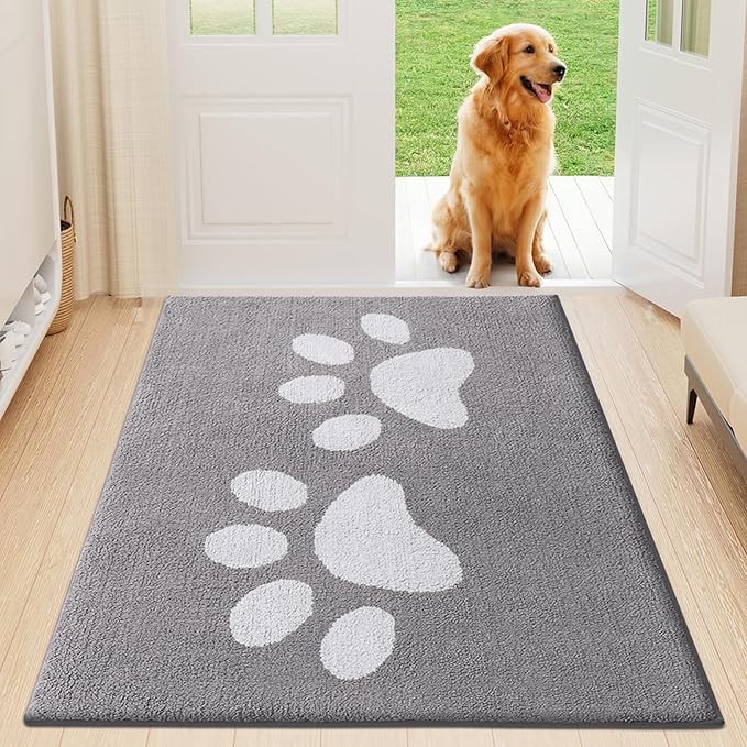 Buganda Dog Door Mat for Muddy Paws, Absorbent Dirt Trapper Washable Indoor Doormats, Non Slip Low-Profile Mud Mat for Dogs, Front Entrance Doormat for Inside Floor (47x32 Inches, Light Grey)