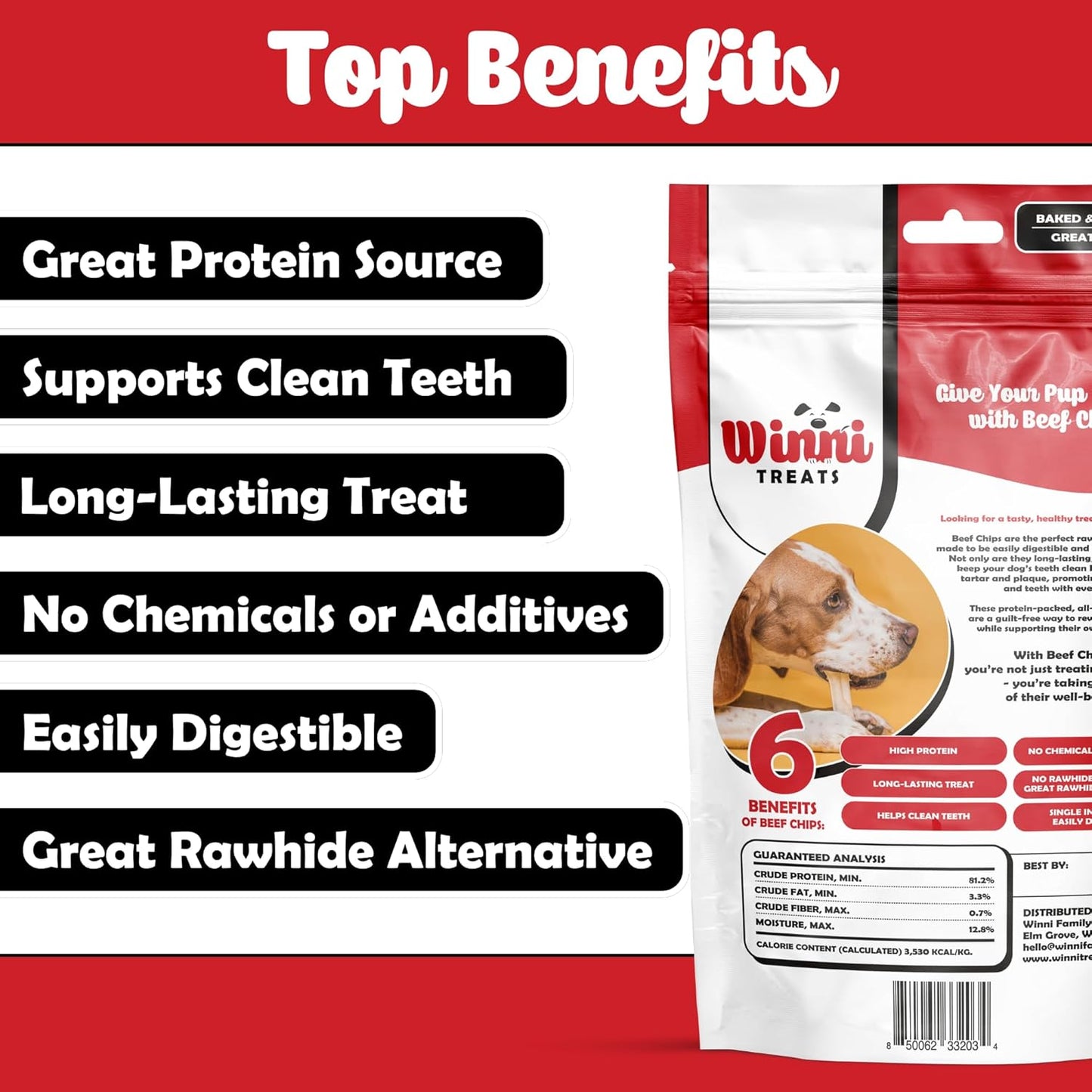 Beef Cheek Chips for Dogs - Single Ingredient, Premium Dog Chews - Long-Lasting, Not Rawhide, Dental Health - 5 Pieces