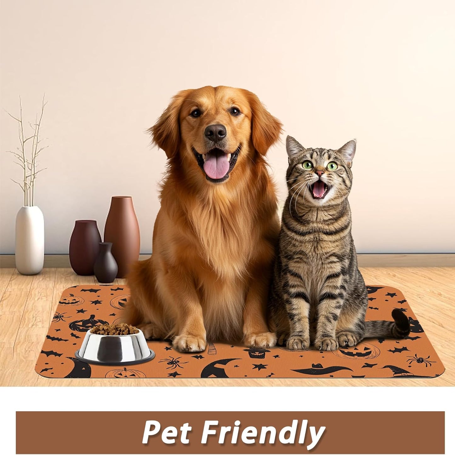 Halloween Dog Food Mat for Floors,Pumpkin Bat Absorbent Quick-Dry Pet Feeding Mat,Cat Dog Bowl Mats for Food and Water,Non-Slip Pet Accessories Supplies 12"x20"