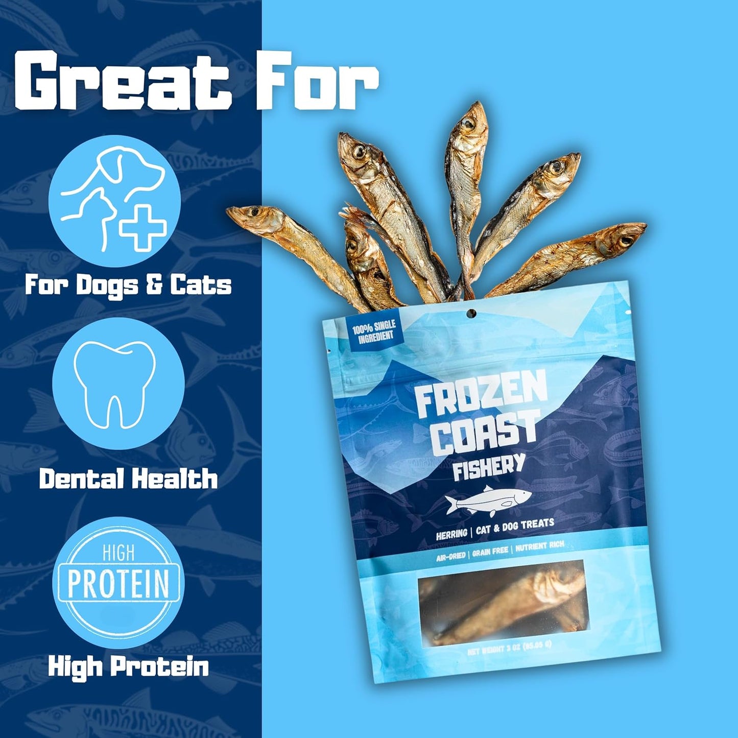 Frozen Coast Herring Cat & Dog Treats, Wild-Caught, All-Natural, High Protein (3 oz Bag)